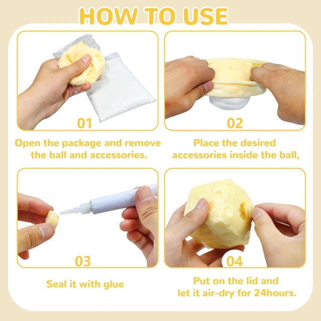 Alt view image 3 of 7 - 2Pcs Cheese Squishy Skin Stress Ball Making Kit - Easy Handmade Sensory Squishy Toys | Includes 2 Cheese-Shaped TPR Skins and 3.5 oz Filler; ASMR Craft Anxiety Relief Slow-Rising Cheese Squishies