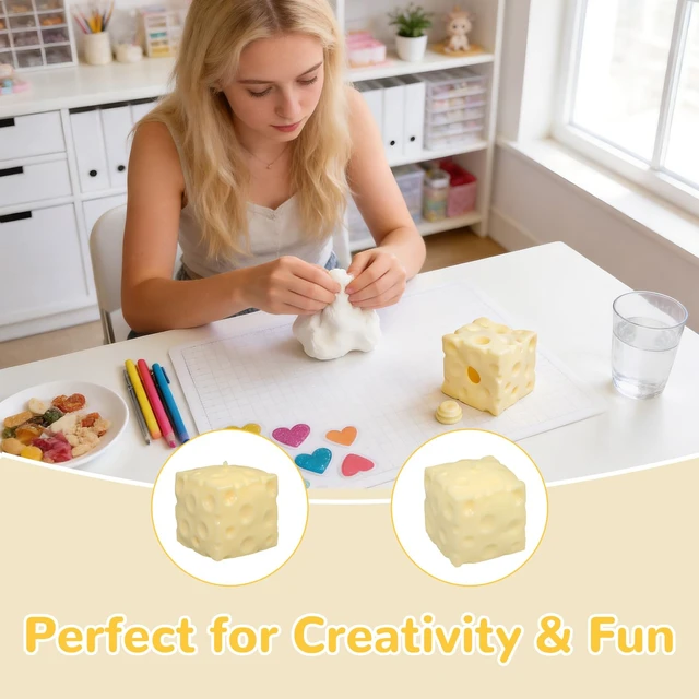 Alt view image 4 of 7 - 2Pcs Cheese Squishy Skin Stress Ball Making Kit - Easy Handmade Sensory Squishy Toys | Includes 2 Cheese-Shaped TPR Skins and 3.5 oz Filler; ASMR Craft Anxiety Relief Slow-Rising Cheese Squishies