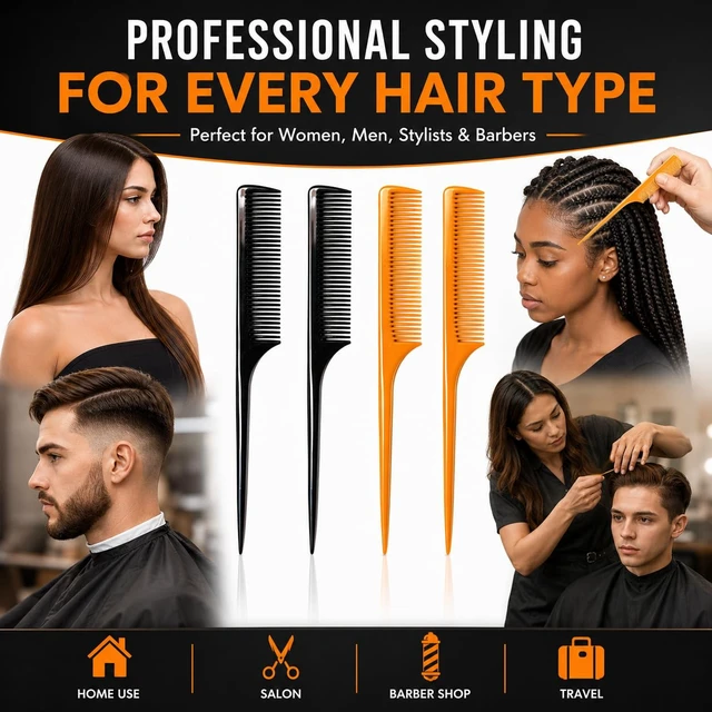 Alt view image 3 of 7 - 4 Pack Rat Tail Comb 9.25 Inch Fine Tooth Hair Comb for Parting, Sectioning, Teasing & Styling, Long Tail Handle, Heat Resistant Hairdresser Barber Salon Comb for Women Men, Black & Brown