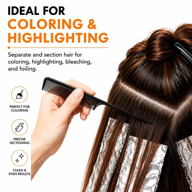 Alt view image 5 of 7 - 4 Pack Rat Tail Comb 9.25 Inch Fine Tooth Hair Comb for Parting, Sectioning, Teasing & Styling, Long Tail Handle, Heat Resistant Hairdresser Barber Salon Comb for Women Men, Black & Brown