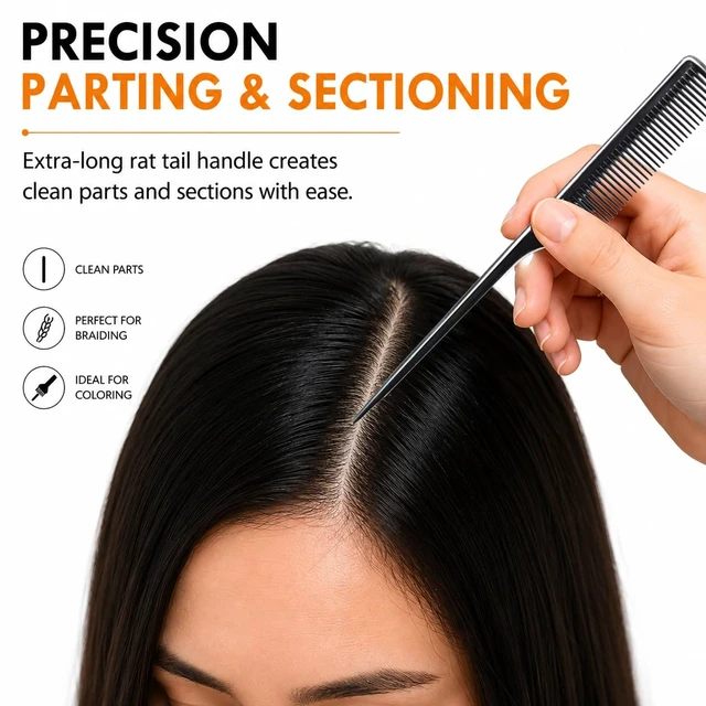 Alt view image 7 of 7 - 4 Pack Rat Tail Comb 9.25 Inch Fine Tooth Hair Comb for Parting, Sectioning, Teasing & Styling, Long Tail Handle, Heat Resistant Hairdresser Barber Salon Comb for Women Men, Black & Brown