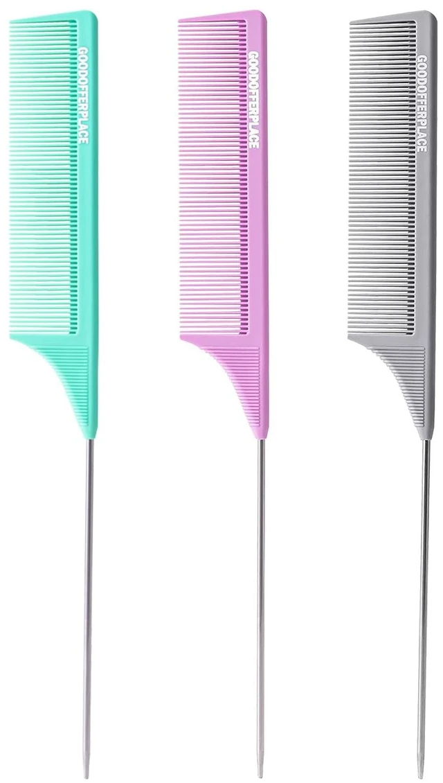 Main image of 3 PCS Rat Tail Combs with Metal Pick for Braiding,Parting | Parting Rattail Teasing Comb,for Women Girls Curly Hair Detangling,Fine Tooth Comb for Salon Styling(Green Purple Grey)