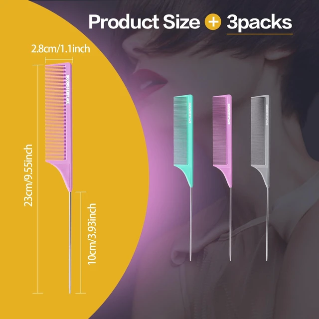 Alt view image 2 of 7 - 3 PCS Rat Tail Combs with Metal Pick for Braiding,Parting | Parting Rattail Teasing Comb,for Women Girls Curly Hair Detangling,Fine Tooth Comb for Salon Styling(Green Purple Grey)