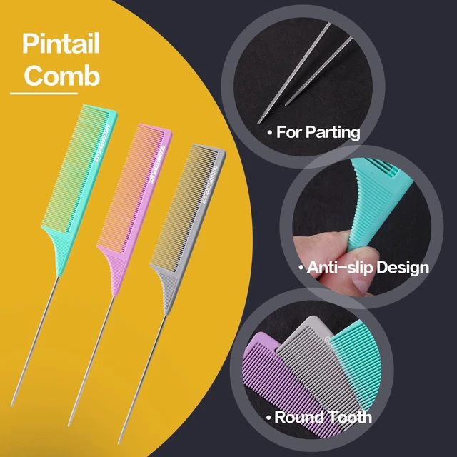 Alt view image 3 of 7 - 3 PCS Rat Tail Combs with Metal Pick for Braiding,Parting | Parting Rattail Teasing Comb,for Women Girls Curly Hair Detangling,Fine Tooth Comb for Salon Styling(Green Purple Grey)