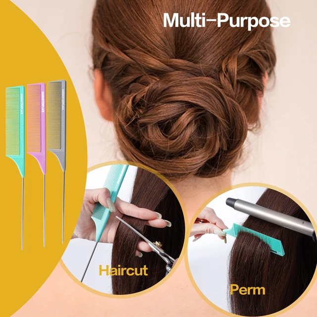 Alt view image 5 of 7 - 3 PCS Rat Tail Combs with Metal Pick for Braiding,Parting | Parting Rattail Teasing Comb,for Women Girls Curly Hair Detangling,Fine Tooth Comb for Salon Styling(Green Purple Grey)