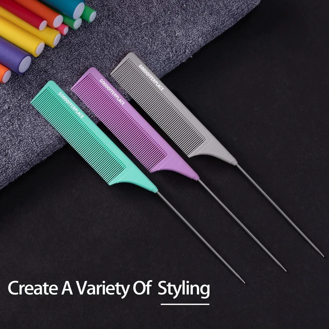 Alt view image 7 of 7 - 3 PCS Rat Tail Combs with Metal Pick for Braiding,Parting | Parting Rattail Teasing Comb,for Women Girls Curly Hair Detangling,Fine Tooth Comb for Salon Styling(Green Purple Grey)
