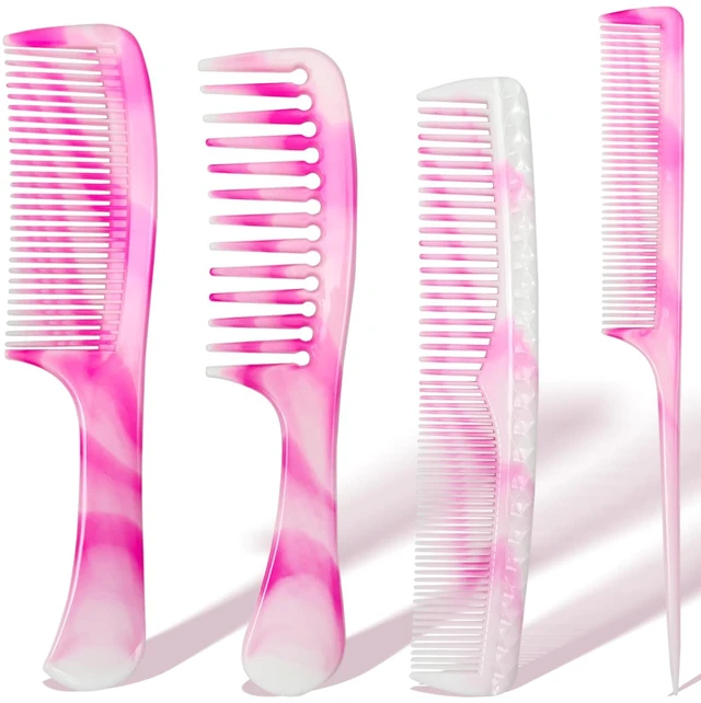 Main image of Unisex Hair Comb Set - Rat Tail, Wide & Fine Tooth and Dual-Sided Combs for Daily Detangling, Pink