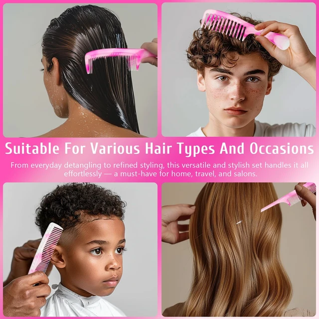 Alt view image 2 of 7 - Unisex Hair Comb Set - Rat Tail, Wide & Fine Tooth and Dual-Sided Combs for Daily Detangling, Pink