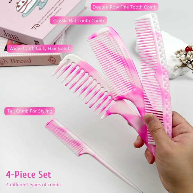 Alt view image 3 of 7 - Unisex Hair Comb Set - Rat Tail, Wide & Fine Tooth and Dual-Sided Combs for Daily Detangling, Pink