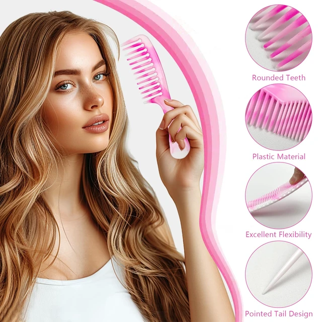 Alt view image 5 of 7 - Unisex Hair Comb Set - Rat Tail, Wide & Fine Tooth and Dual-Sided Combs for Daily Detangling, Pink
