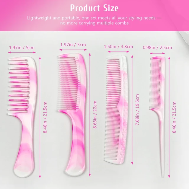 Alt view image 4 of 7 - Unisex Hair Comb Set - Rat Tail, Wide & Fine Tooth and Dual-Sided Combs for Daily Detangling, Pink