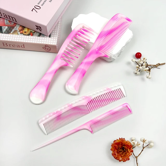 Alt view image 7 of 7 - Unisex Hair Comb Set - Rat Tail, Wide & Fine Tooth and Dual-Sided Combs for Daily Detangling, Pink