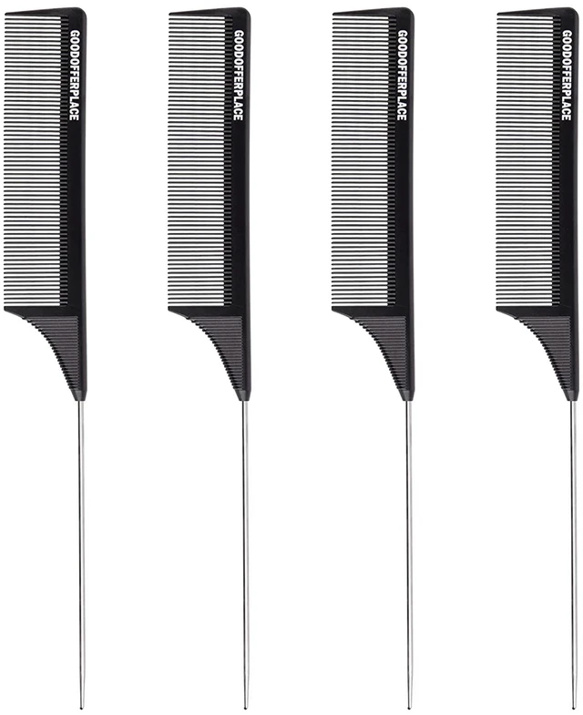 Main image of 4 PCS Rat Tail Combs with Metal Pick for Braiding,Parting | Parting Rattail Teasing Comb,for Women Girls Curly Hair Detangling,Fine Tooth Comb for Salon Styling Tool(Black)