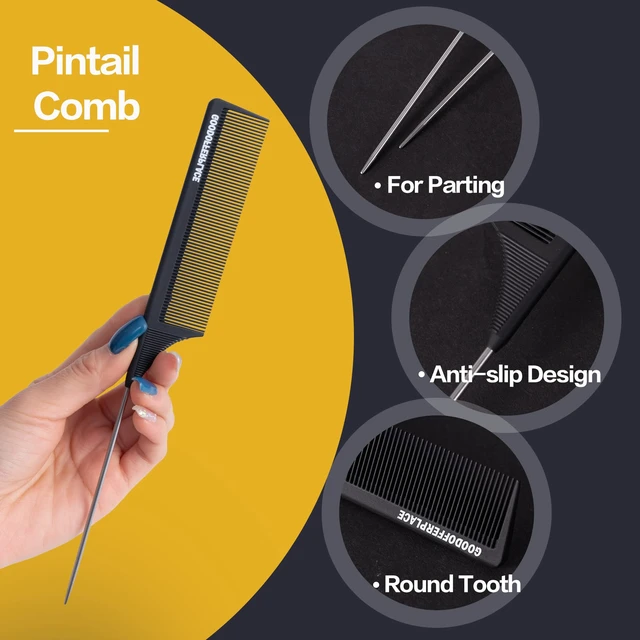 Alt view image 3 of 7 - 4 PCS Rat Tail Combs with Metal Pick for Braiding,Parting | Parting Rattail Teasing Comb,for Women Girls Curly Hair Detangling,Fine Tooth Comb for Salon Styling Tool(Black)