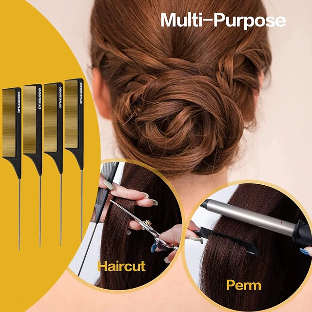 Alt view image 5 of 7 - 4 PCS Rat Tail Combs with Metal Pick for Braiding,Parting | Parting Rattail Teasing Comb,for Women Girls Curly Hair Detangling,Fine Tooth Comb for Salon Styling Tool(Black)