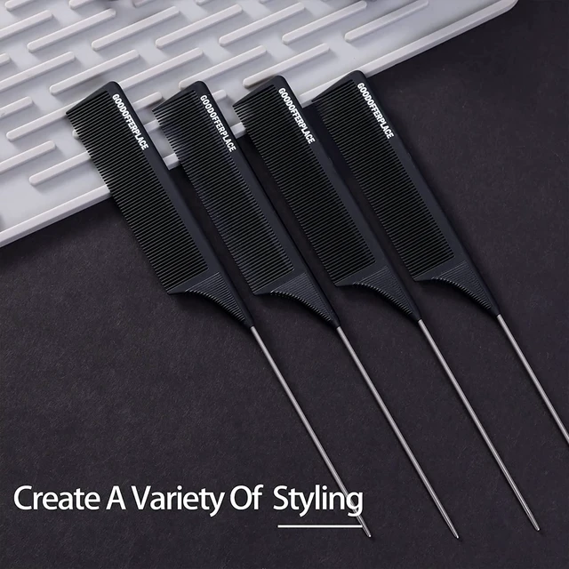 Alt view image 7 of 7 - 4 PCS Rat Tail Combs with Metal Pick for Braiding,Parting | Parting Rattail Teasing Comb,for Women Girls Curly Hair Detangling,Fine Tooth Comb for Salon Styling Tool(Black)