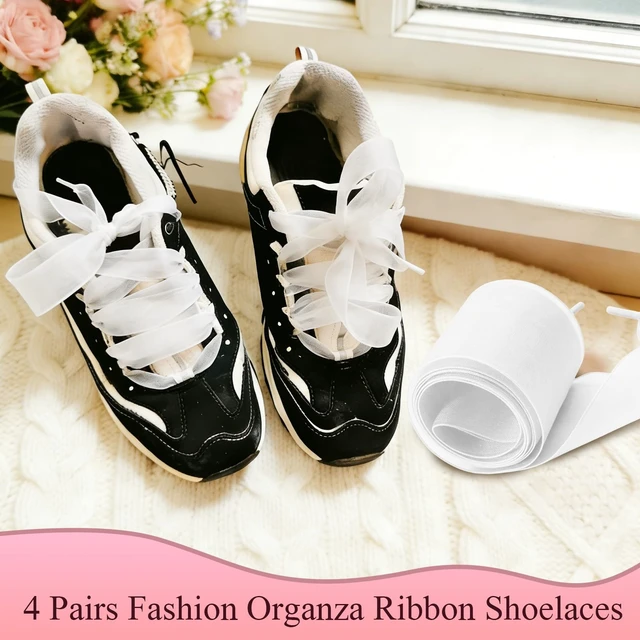 Alt view image 3 of 7 - 4 Pairs White Organza Sheer Ribbon Shoelaces 4cm 120cm for Women | Sheer Organza Fabric, Lightweight Drape, Luminous Sheen, 4-Pair Value Pack, Wide 4cm Width, Creative Tying