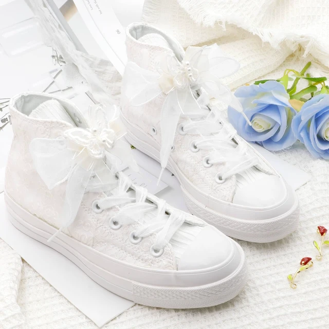 Alt view image 2 of 7 - Flat Sheer Shoe Laces: 2 Pairs 63 Inch White Snow Yarn Shoelaces | 4CM/1.57'' Wide, Fishtail Rolled Design, Cute Organza Shoe Strings, for Wedding Sneakers