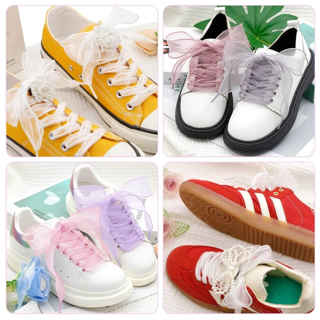 Alt view image 4 of 7 - Flat Sheer Shoe Laces: 2 Pairs 63 Inch White Snow Yarn Shoelaces | 4CM/1.57'' Wide, Fishtail Rolled Design, Cute Organza Shoe Strings, for Wedding Sneakers