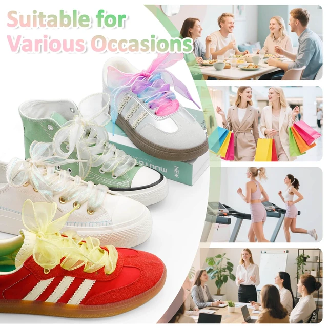 Alt view image 7 of 7 - Flat Sheer Shoe Laces: 2 Pairs 63 Inch White Snow Yarn Shoelaces | 4CM/1.57'' Wide, Fishtail Rolled Design, Cute Organza Shoe Strings, for Wedding Sneakers