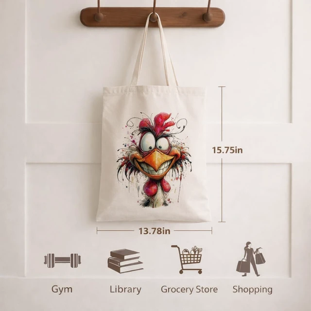 Alt view image 5 of 6 - Crazy Watercolor Chicken Canvas Tote Bag, Artistic Watercolor Splash Reusable Shopping Bag for Casual Vacation Shopping Work, Humor Animal Themed Totes