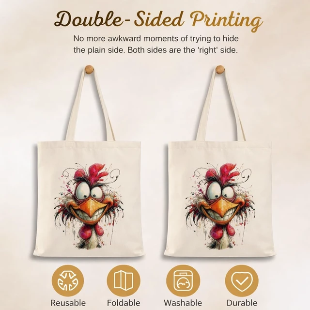 Alt view image 4 of 6 - Crazy Watercolor Chicken Canvas Tote Bag, Artistic Watercolor Splash Reusable Shopping Bag for Casual Vacation Shopping Work, Humor Animal Themed Totes