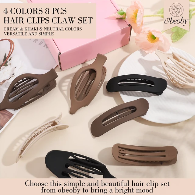 Alt view image 3 of 7 - 8 Pcs Flat Hair Claw Clips For Women Girls, Matte Natural Colors | 2 Styles Plastic Non-Slip Hair Pins French Medium Large Barrettes for Thin Thick Half-Up, Back To School Accessories Gifts