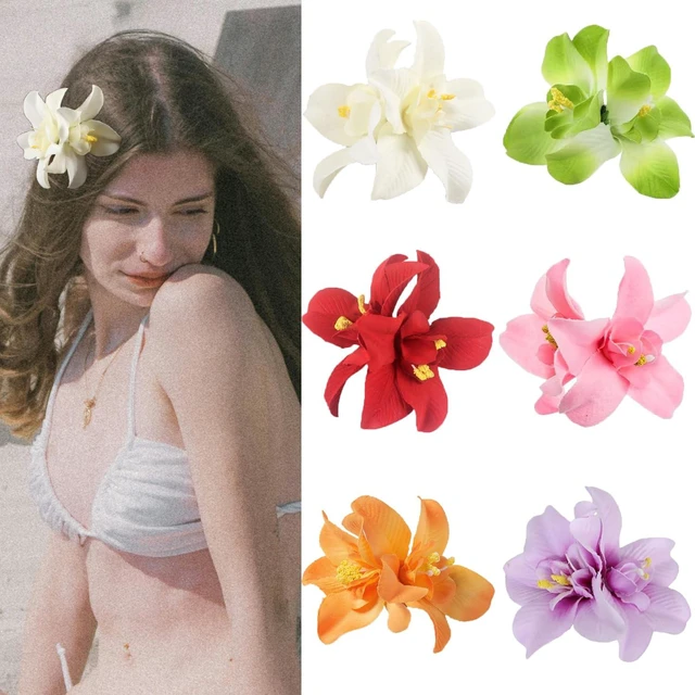 Main image of Hawaiian Flower Hair Clips for Women,Plumeria Hair Clips Hibiscus Hair Barrettes, 3.5 Inch Boho Artificial Flower Clips, Cute Hair Accessories for Women Girls Summer Vacation Beach Party