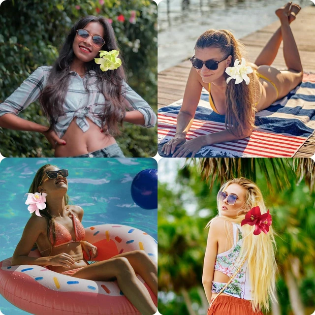 Alt view image 5 of 7 - Hawaiian Flower Hair Clips for Women,Plumeria Hair Clips Hibiscus Hair Barrettes, 3.5 Inch Boho Artificial Flower Clips, Cute Hair Accessories for Women Girls Summer Vacation Beach Party