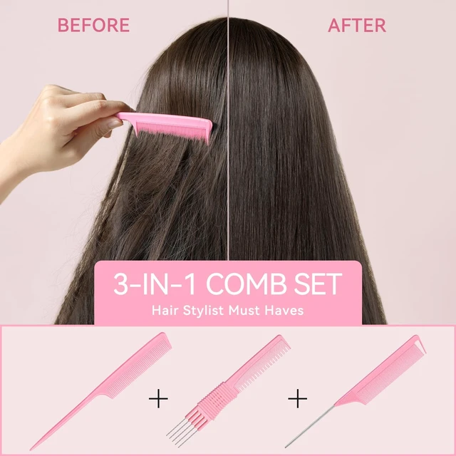 Alt view image 5 of 7 - Hair Combs Set for Women and Men Hair Stylies, Detangle, Smooth | Carbon Fine Tooth Rat Tail, Parting, and Lift Teasing Combs, Salon & Home Use, 3pcs Durable Travel Set, for All Hair Types