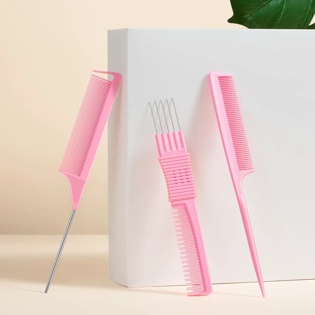 Alt view image 6 of 7 - Hair Combs Set for Women and Men Hair Stylies, Detangle, Smooth | Carbon Fine Tooth Rat Tail, Parting, and Lift Teasing Combs, Salon & Home Use, 3pcs Durable Travel Set, for All Hair Types