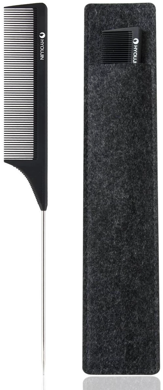Main image of Carbon Hair Rat Tail Combs - Parting & Detangling Combs for Women | Parting rat tail combs For Long,Short,Curly,for Hair Parting,Braiding,Teasing,Detangling,Fine Tooth with metal pick,Black