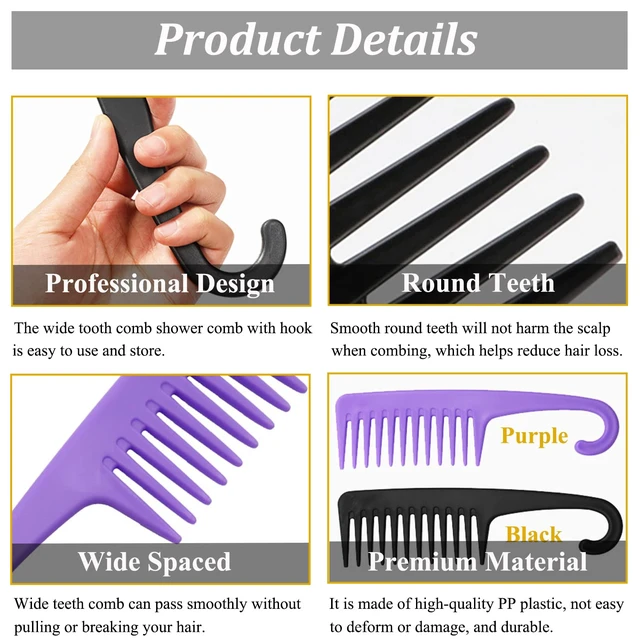 Alt view image 3 of 7 - Wide Tooth Comb, Shower Combs with Hook for Wet Curly Hair, Premium Big Hair Brush Combs to Detangle Curls, Women Detangler Comb for Detangling Wigs, Styling Dry Thick Long Cabello