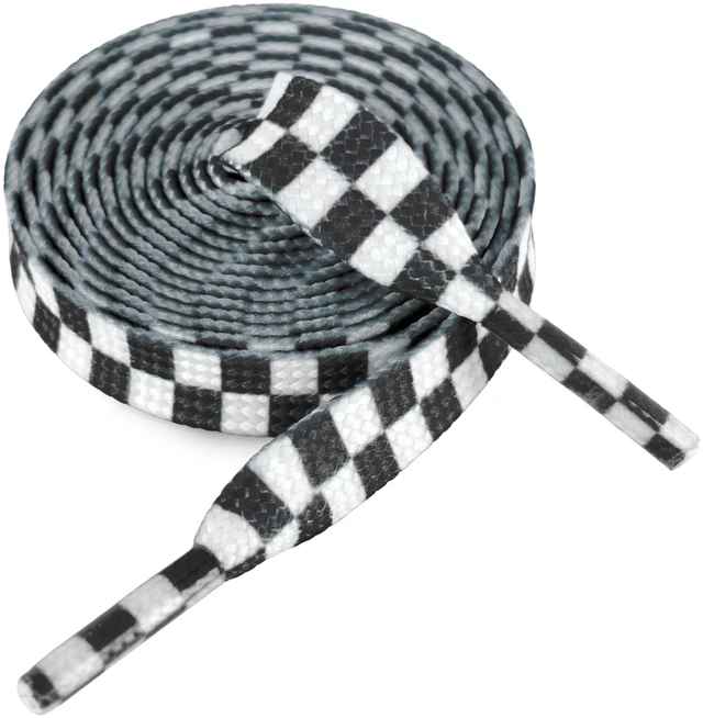 Main image of 8mm Checkered Shoe Laces, Colorful Plaid Shoelaces, Black, 55in | 5/16" Pattern Tartan Gingham Flat Shoe Strings, Novelty Cool Flat Checked Replacement Laces for Canvas, Casual, Skate