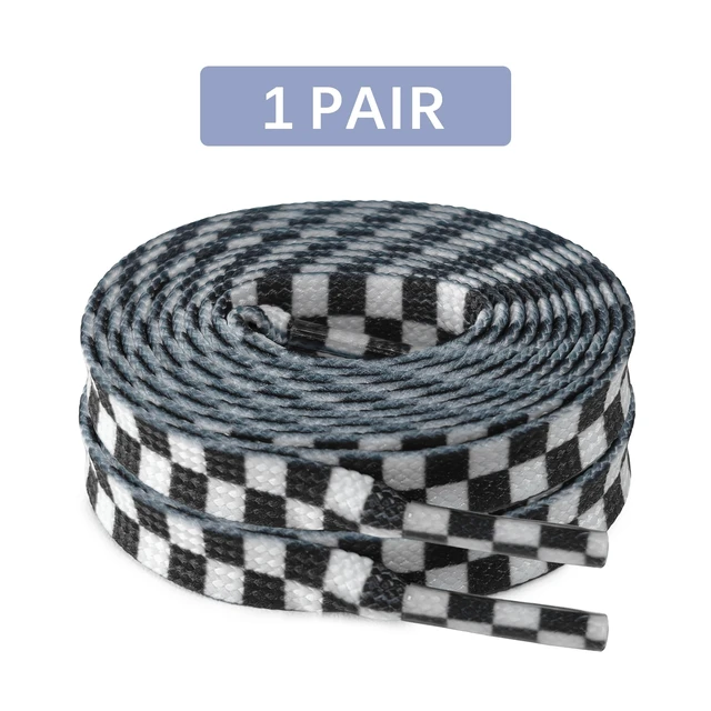 Alt view image 2 of 7 - 8mm Checkered Shoe Laces, Colorful Plaid Shoelaces, Black, 55in | 5/16" Pattern Tartan Gingham Flat Shoe Strings, Novelty Cool Flat Checked Replacement Laces for Canvas, Casual, Skate