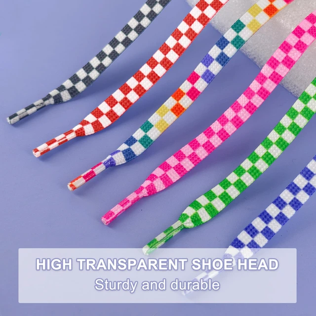 Alt view image 4 of 7 - 8mm Checkered Shoe Laces, Colorful Plaid Shoelaces, Black, 55in | 5/16" Pattern Tartan Gingham Flat Shoe Strings, Novelty Cool Flat Checked Replacement Laces for Canvas, Casual, Skate