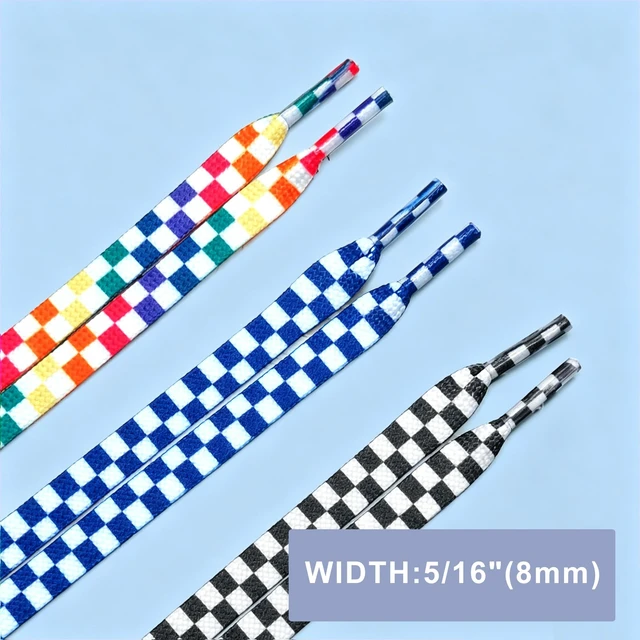 Alt view image 7 of 7 - 8mm Checkered Shoe Laces, Colorful Plaid Shoelaces, Black, 55in | 5/16" Pattern Tartan Gingham Flat Shoe Strings, Novelty Cool Flat Checked Replacement Laces for Canvas, Casual, Skate