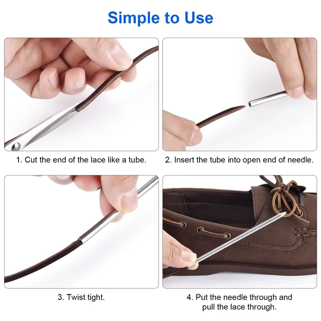 Alt view image 3 of 7 - Leather Shoe Lacing Kit, 72" Leather Shoelaces for Boot Boat Shoes | Light Brown, 1 Needle & 2 Strips (1 Pairs), Width 3.2mm x Thickness 3.0mm x Length 72", Genuine Cowhide Leather for Footwear
