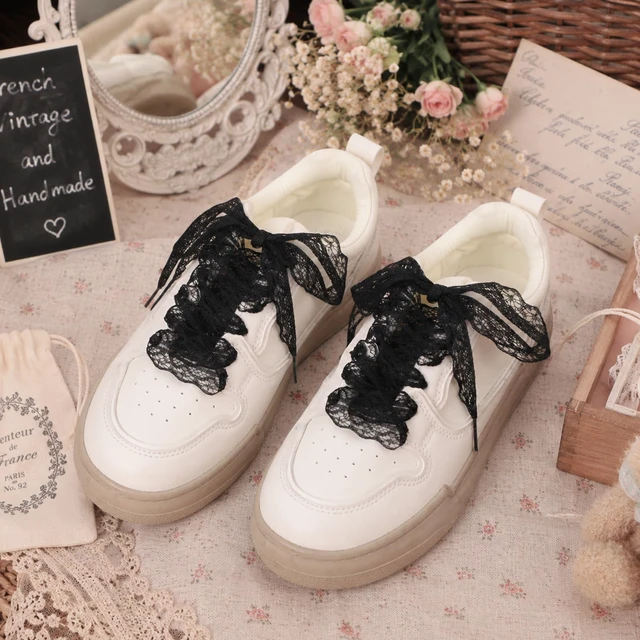 Alt view image 4 of 7 - 4 Pairs Lace Shoelaces Flat Ribbon Shoe Laces 3cm Wide Fancy Lace Shoe Laces for Sneakers Decorative and Comfortable Women Girls