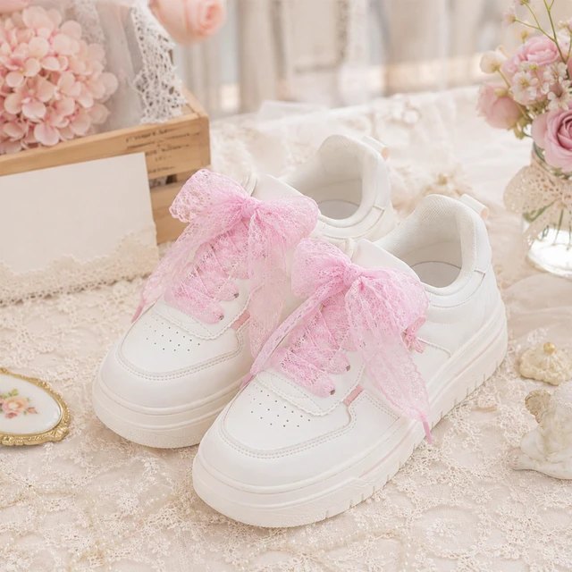 Alt view image 7 of 7 - 4 Pairs Lace Shoelaces Flat Ribbon Shoe Laces 3cm Wide Fancy Lace Shoe Laces for Sneakers Decorative and Comfortable Women Girls