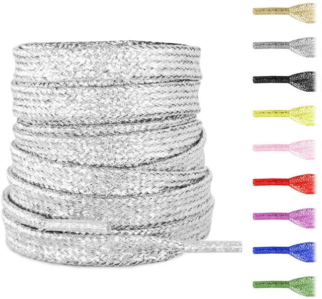 Main image of Flat Metallic Glitter Sparkle Shoe Laces for Sneakers, Silver, 54" | 5/16"(8mm) Sparkly Colorful Bling Sequin Shiny Shoelaces Replacement Shoe Strings
