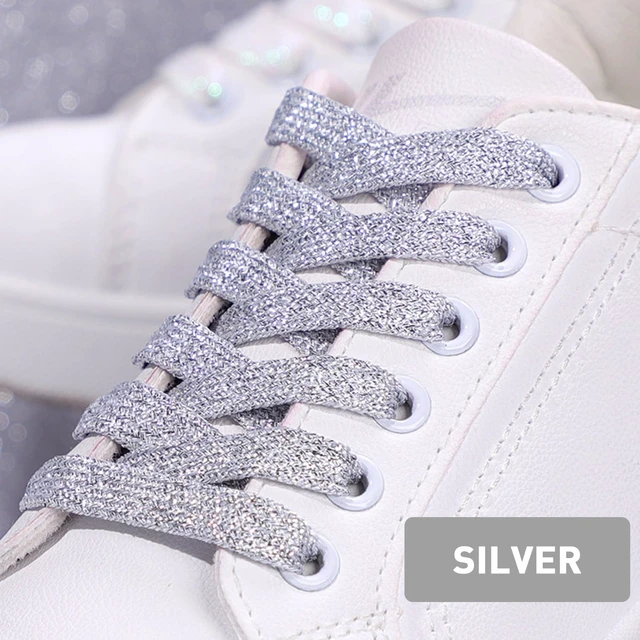 Alt view image 3 of 7 - Flat Metallic Glitter Sparkle Shoe Laces for Sneakers, Silver, 54" | 5/16"(8mm) Sparkly Colorful Bling Sequin Shiny Shoelaces Replacement Shoe Strings
