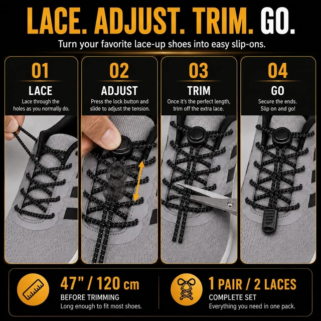 Alt view image 5 of 7 - Tie Shoelaces, Elastic Shoe Laces for Sneakers, Adults & Kids | Reflective 47" cut-to-fit elastic laces with secure spring locks for running shoes, sneakers and casual shoes; 1 pair