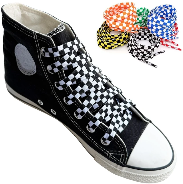 Main image of Flat Checkered Shoe Laces, Plaid Sneaker Shoelaces 47 Inch Black | Two-color Polyster Checker Shoelacess, Colorful Checkerboard Prints, Colored Fashion Sneaker Laces, For Sport & Casual Shoes