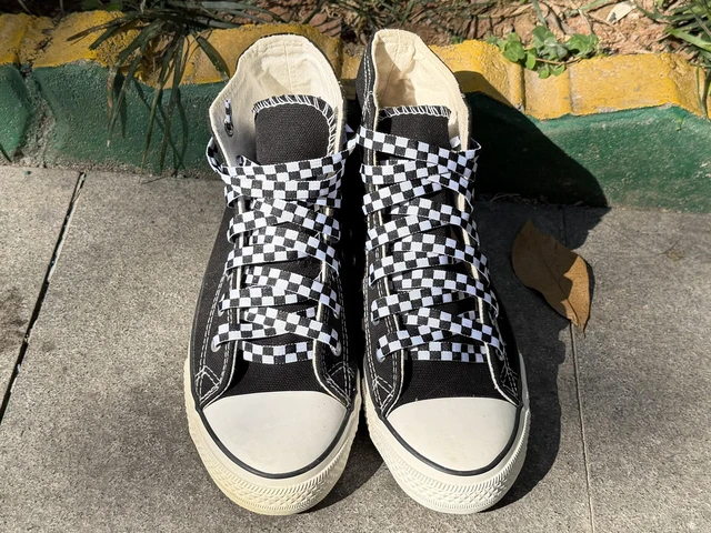 Alt view image 2 of 7 - Flat Checkered Shoe Laces, Plaid Sneaker Shoelaces 47 Inch Black | Two-color Polyster Checker Shoelacess, Colorful Checkerboard Prints, Colored Fashion Sneaker Laces, For Sport & Casual Shoes