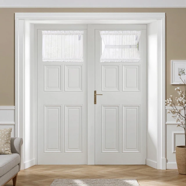 Main image of White 54 W x 20 L French Door Short Sheer Curtains | Light Filtering Window Treatment Curtain for Glass Door, Tieback, 2 Panels, Set of 2