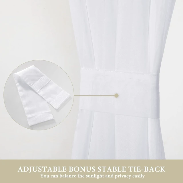 Alt view image 3 of 6 - White 54 W x 20 L French Door Short Sheer Curtains | Light Filtering Window Treatment Curtain for Glass Door, Tieback, 2 Panels, Set of 2