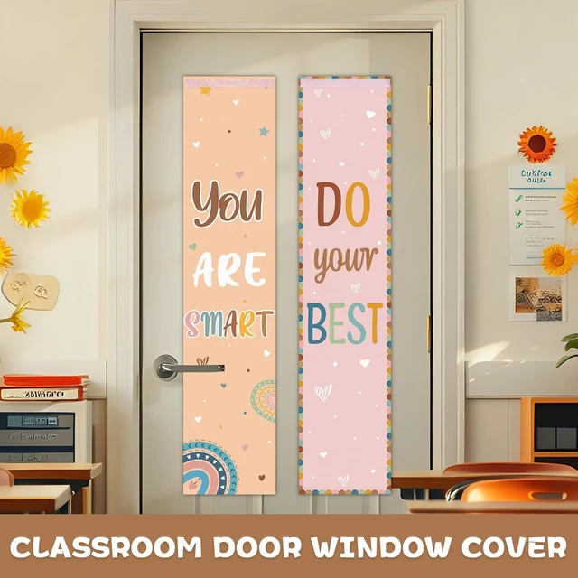 Alt view image 6 of 7 - 2 Pcs Boho Inspirational Classroom Curtains for Door Window Cover Decor Motivational Classroom Blackout Door Window Lockdown for Office Kindergarten Primary Back to School Teachers