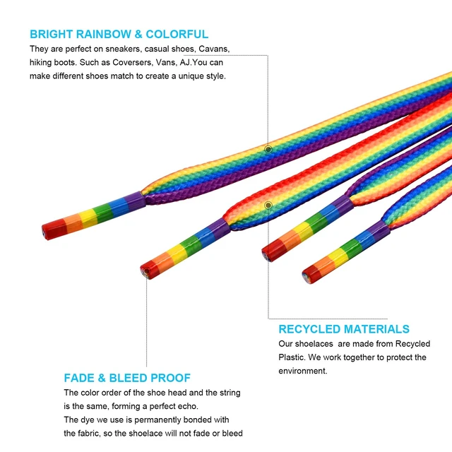 Alt view image 2 of 7 - Rainbow Striped Shoe Laces - Rainbow Pride Shoelaces Gay Pride LGBTQ for Parades - Recycled Plastic Materials Brightly Colored Laces for Shoes & Sneakers and Cavans 55"