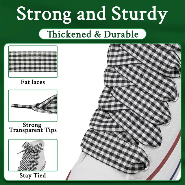Alt view image 3 of 6 - Gingham Shoe Laces Plaid Shoelaces Strings | 2.5CM Checkered Flat Laces | Material: Polyester | Color:Black, Size:55 Inch